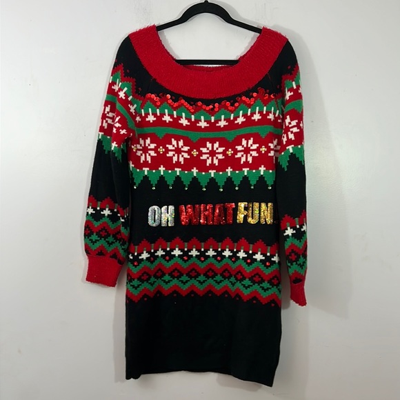 "Oh What Fun" Christmas sweater dress, large, sequins - Picture 1 of 4